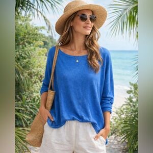 Eileen Fisher 100% Cashmere Bateau Neck Sweater X Small Blue Oversized